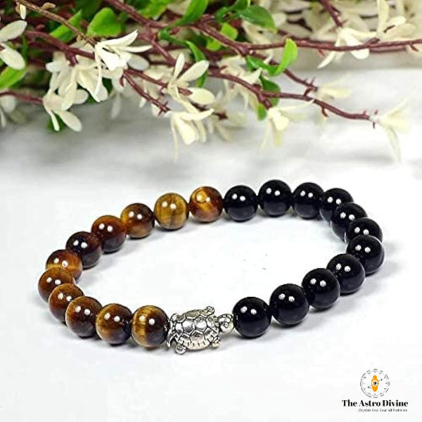 Natural Tiger Eye & Tourmaline Turtle Good Luck Charm Bracelet
